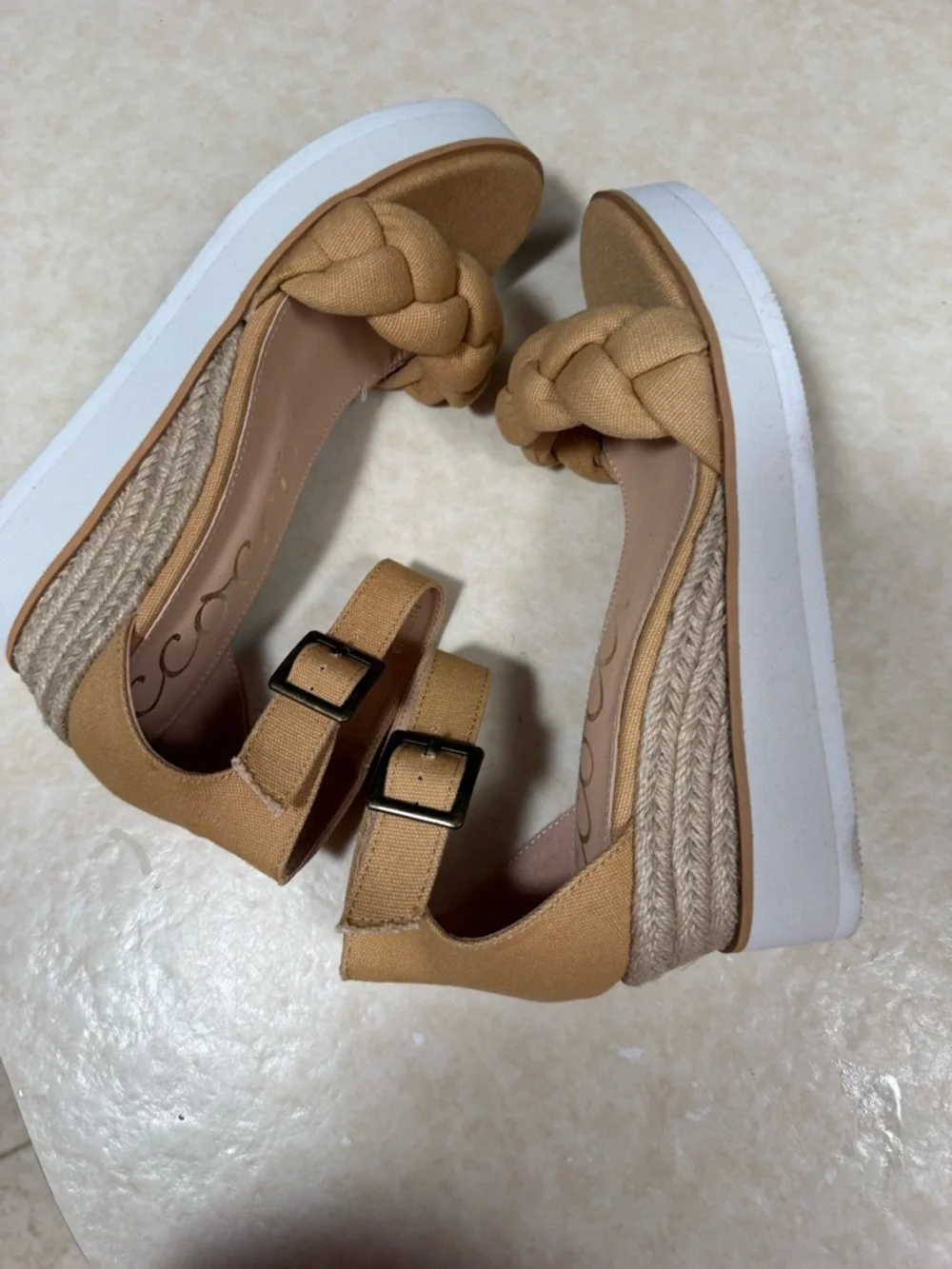 Ccocci Paloma Camel/Tan Braided Canvas Wedge Sandals 10